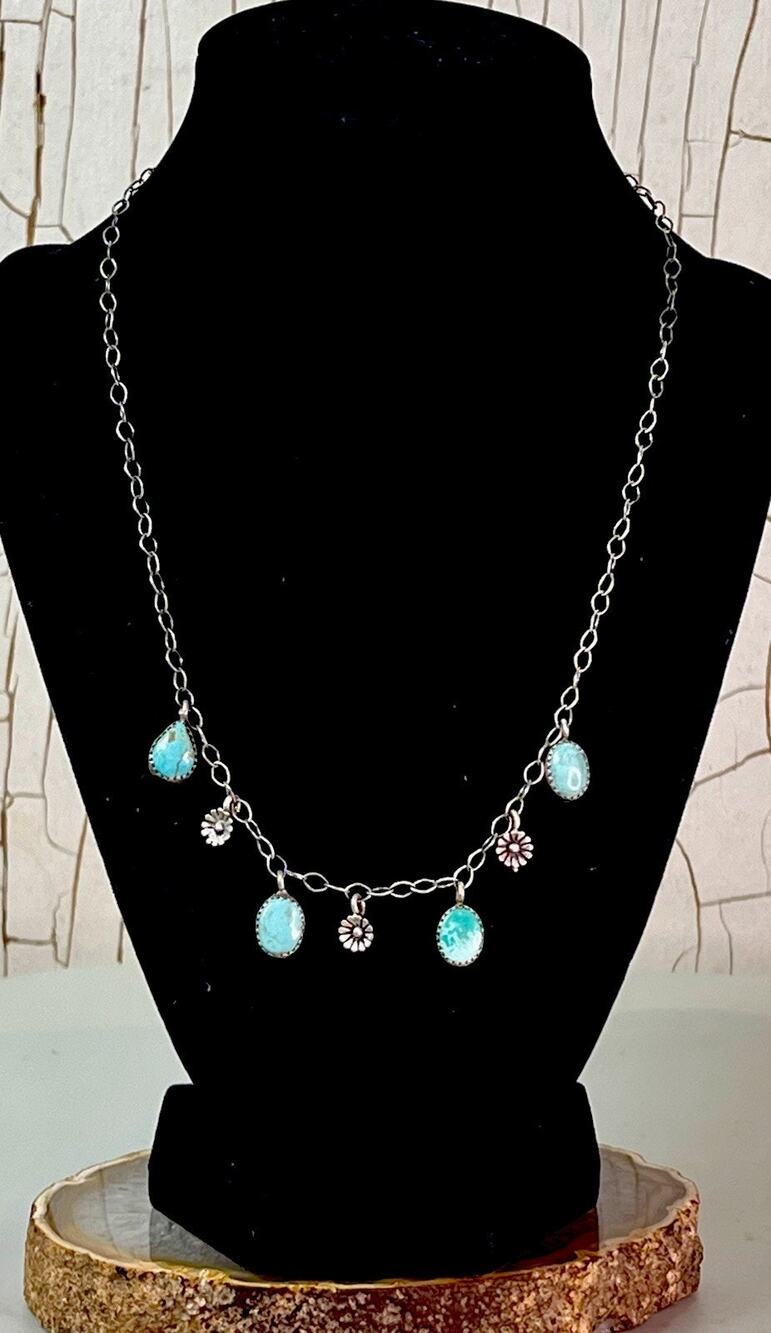 Kingman Turquoise 925 Sterling Silver Flower Multi Charm Necklace Handmade